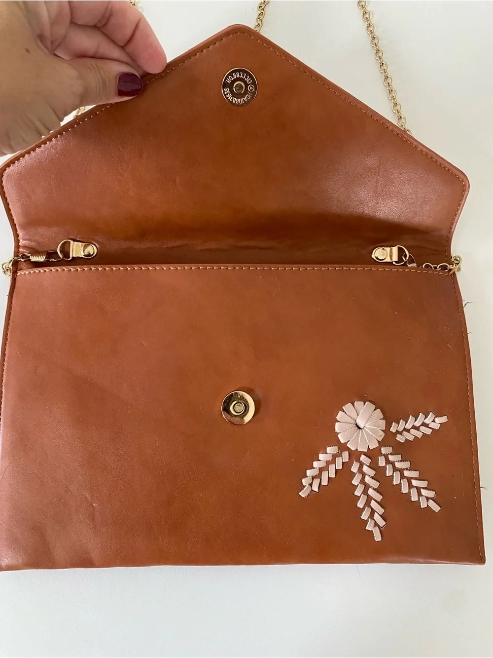 Francesca's Collections Bohemian Clutch with Pink Floral Appliqué & Gold Chain